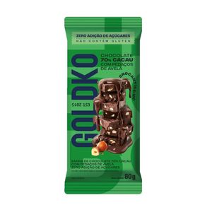 Chocolate 70% Cacau GOLD&KO Com Pedaços de Avelã Zero Adição de Açúcar Tablete 80g