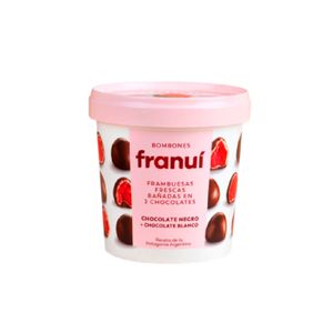 Bombons de Chocolate Branco  Framboesas Franui Meio Amargo Pote 150g