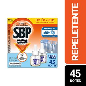 Repelente Elétrico Líquido SBP 45 Noites Cheiro Suave com 2 unidades de 32.9ml